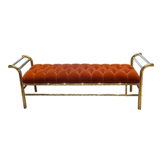 Vintage Brass Bench Reupholstered in Tufted Rust Mohair For Sale