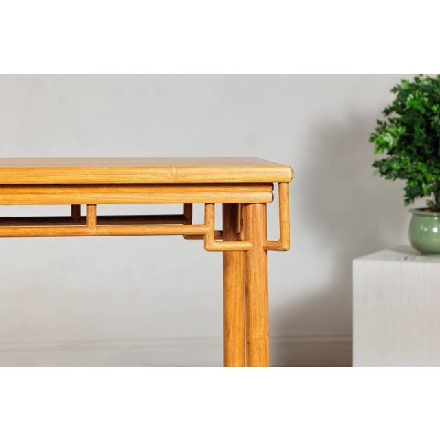 Tangerine Vintage Elm Wood Console Table with Humpback-Form Stretcher and Openwork Details For Sale - Image 8 of 12