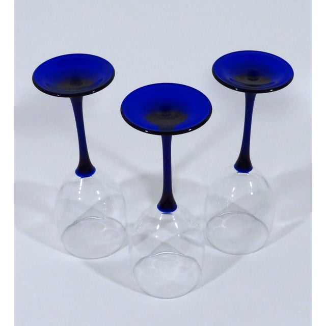 French Wine Glasses With Cobalt Stems, Set of 3 For Sale - Image 4 of 5
