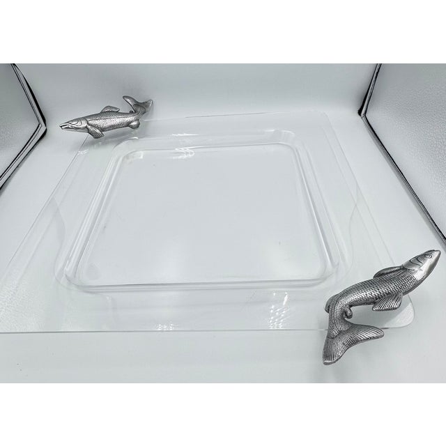 Metal Vintage Arthur Court Lucite Serving Tray Platter Metal Fish Handles 19" For Sale - Image 7 of 8