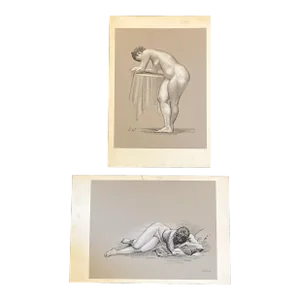 1980’s Original Female Nude Classical Charcoal Study Drawings-Set of 2