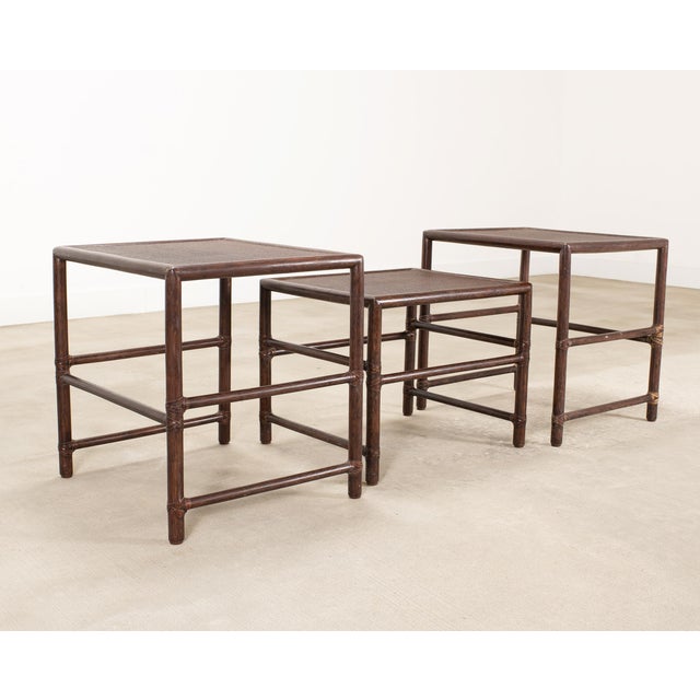 Contemporary Nest of Three McGuire Rattan Cane Raffia and Oak Side Tables For Sale - Image 3 of 18