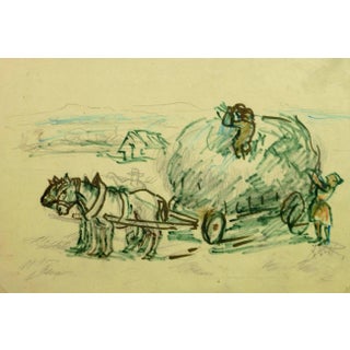 Irmgarg Von Reppert, Horses and Hay Wagon Ink Drawing For Sale