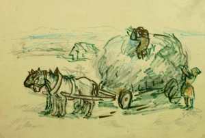 Irmgarg Von Reppert, Horses and Hay Wagon Ink Drawing