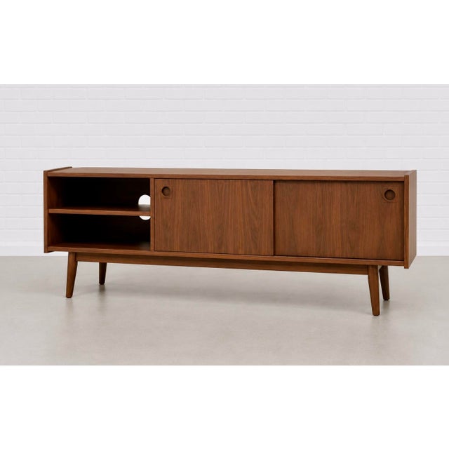 Modern Walnut Credenza / Media Console | Minimalist Sliding Door Sideboard For Sale In New York - Image 6 of 10
