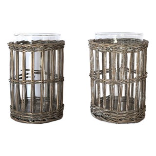 Late 20th Century Wicker and Glass Hurricane Candle Lamps, Pair For Sale