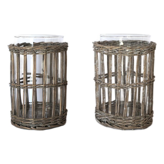 Late 20th Century Wicker and Glass Hurricane Candle Lamps, Pair For Sale