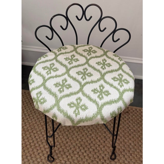 Hollywood Regency vanity stool with white and olive green fabric seat and black metal base. Full of vintage charm. I ship...