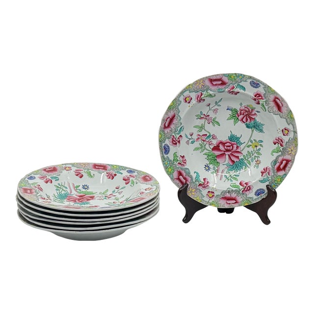 Antique Pink and Green Chinoiserie Georgian Hicks & Meigh Ironstone Bowls -Set of 8 For Sale