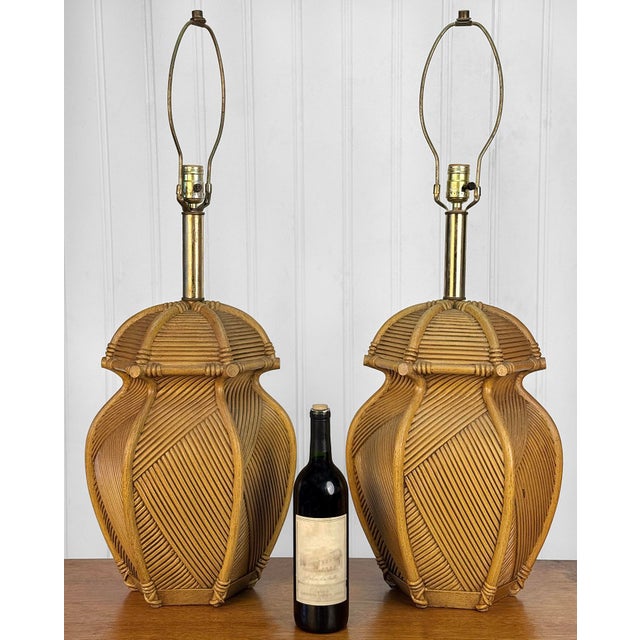 A Pair of Coastal Chinoiserie Faux Rattan Table Lamps, c.1970's - Faux Rattan in Resin with Wonderful Realism Detailing -...