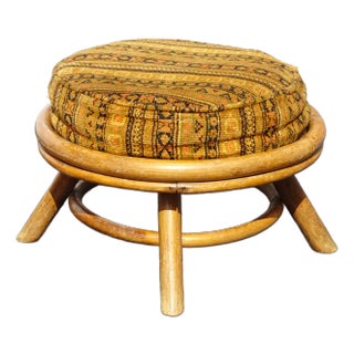 Vintage Mid Century Modern Bamboo Footstool Ottoman W Cushion For Sale