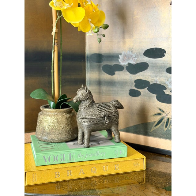 Antique Indian Bronze Metal Dhokra Trojan Horse Hinged Trinket Container Box Dimensions: 7" TALL 7" WIDE 4" DEEP This...