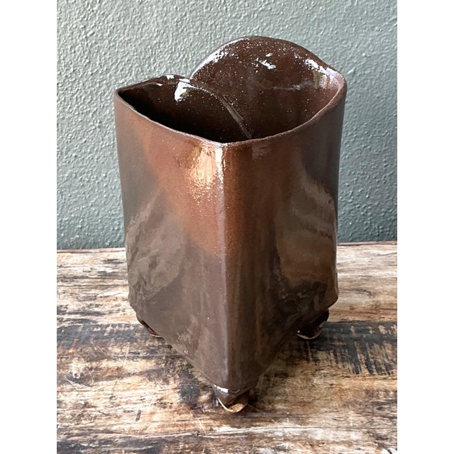 Mid-Century Modern Vintage Handcrafted Brown Pottery Vase For Sale - Image 3 of 14