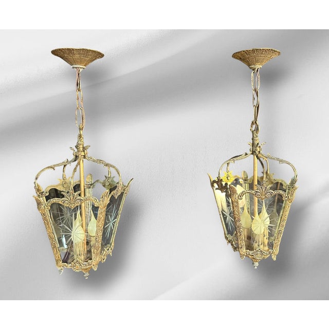 1920s Rococo Lanterns Pendant Lights With Etched Glass - a Pair For Sale In South Bend - Image 6 of 15