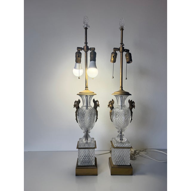 1950s Vintage French Empire Neoclassical Style Cut Crystal & Swan Bronze Ormolu Table Lamps – A Pair For Sale - Image 5 of 13