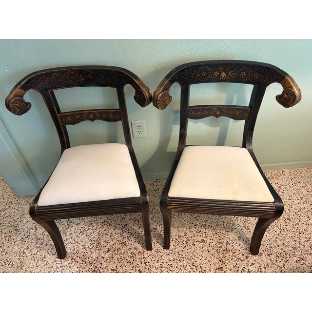 Late 20th Century Late 20th Century Pair of Anglo-Indian Style Ebonized & Gilt Ram's Head Klismos Chairs With Floral Penwork For Sale - Image 5 of 7