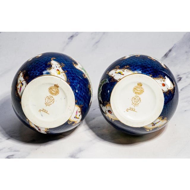 Stunning Pair Blue Gold English Royal Worcester Porcelain Antique Victorian Bird Nature Decorative Vases Home Decor For Sale - Image 17 of 18