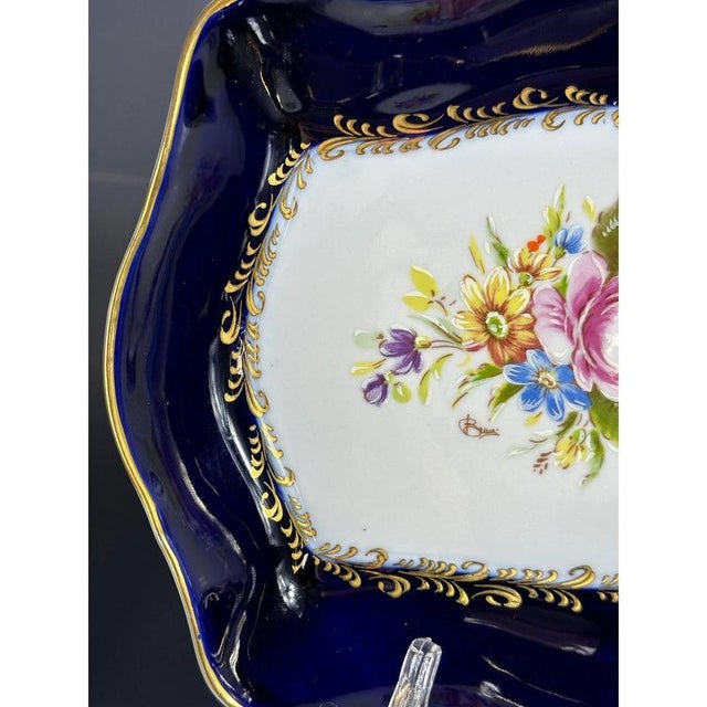 French Cobalt Blue Plates with Flowers from Limoges, 1950s, Set of 2 For Sale - Image 5 of 11