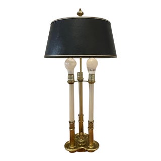 Vintage Stiffel Brass Bouillotte 3-Light French Table Lamp Black Gold Tole Shade For Sale
