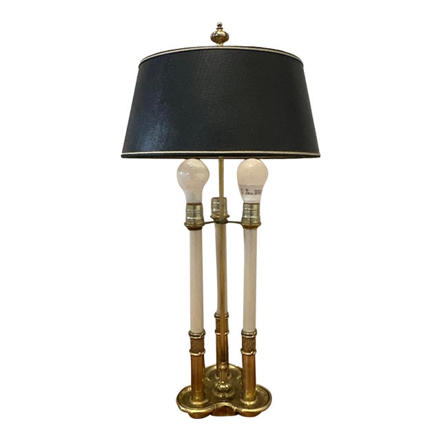 Vintage Stiffel Brass Bouillotte 3-Light French Table Lamp Black Gold Tole Shade For Sale