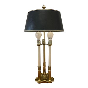 Vintage Stiffel Brass Bouillotte 3-Light French Table Lamp Black Gold Tole Shade