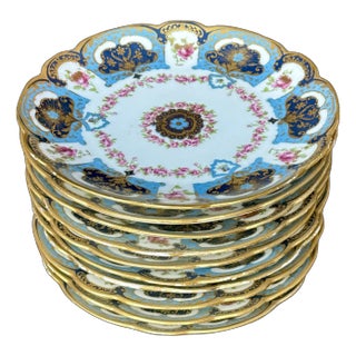Antique Sèvres Porcelain Hand-Painted Floral & Gold Gilded Dessert Plates – Set of 10 For Sale