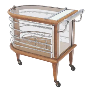 Mid 20th Century Art Deco Wood Chrome and Glass Serving Cart Bar on Wheels