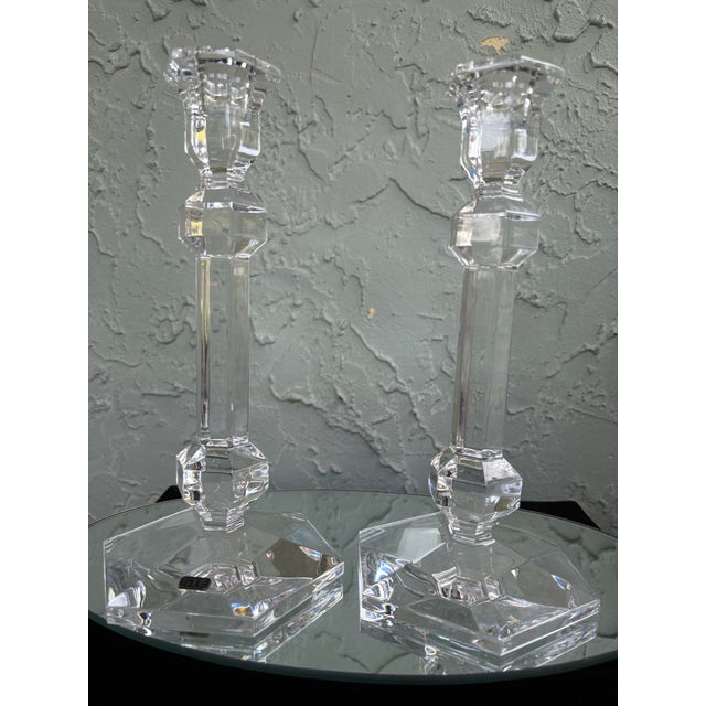 Vintage Val St. Lambert Gardenia Crystal Candlesticks, Pair – Belgian Geometric Art Deco Style For Sale In Orlando - Image 6 of 11