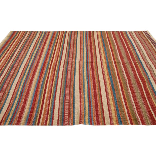 2020s 2020s Modern Kilim Handmade Multicolor Stripe Wool Rug For Sale - Image 5 of 7