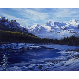 Winter's Call by Rob Alexander | Oil on hardwood panel Winter landscape with mountains and river For Sale