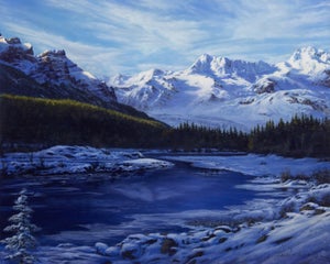 Winter's Call by Rob Alexander | Oil on hardwood panel Winter landscape with mountains and river