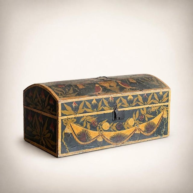 Rare set of 6 norman wedding boxes, folk art, france, normandy, circa 1890. Polychrome wood, domed lid, patina (flaked...