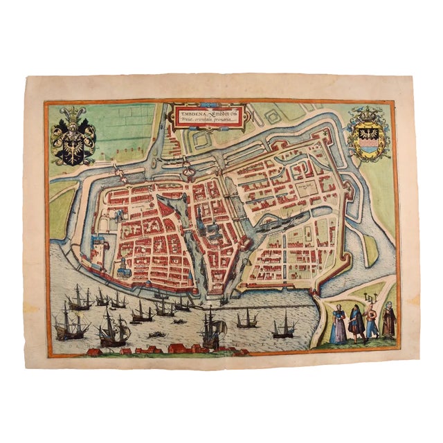 Emden, Germany: A 16th Century Hand-Colored Map by Braun & Hogenberg, 1575 For Sale