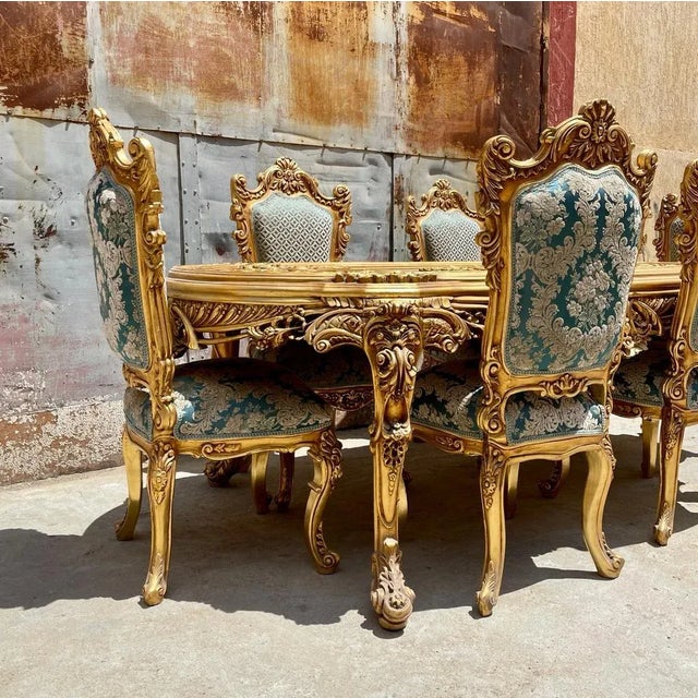 Rococo French Rococo Style Gold Leaf Table and Chairs Dining Room Set of 7 For Sale - Image 3 of 11