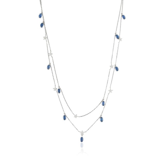 Celestial 2.84ct Sapphire & Diamond Double-Layer Star Station Necklace 14k Gold For Sale - Image 4 of 17