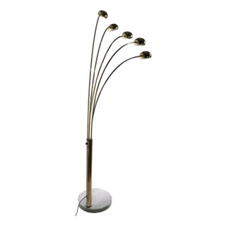 Hollywood Regency Five Light Brass Arc Floor Lamp With Marble Base C. 1970/80's For Sale