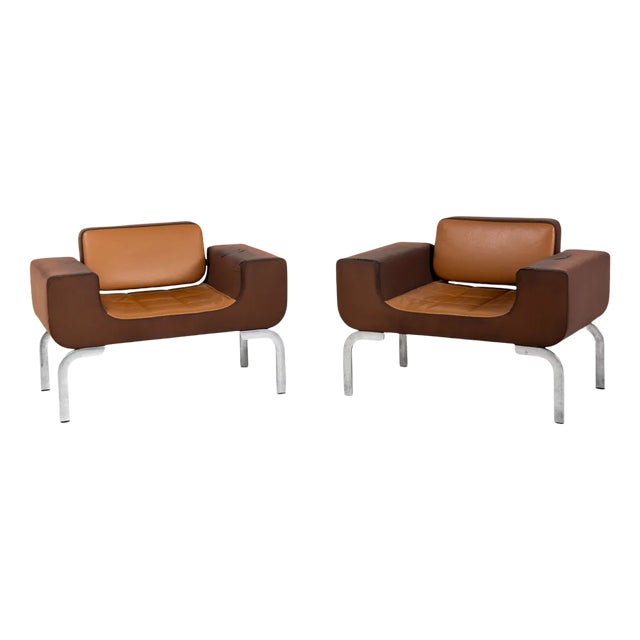 Set of Italian Brown Leather Lounge Chairs, 1970s For Sale