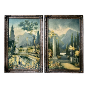 Early 1900's Framed Pair of J. A. LeBretton Color Garden Prints