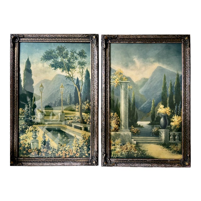 Early 1900's Pair of J. A. LeBretton Framed Color Garden Prints For Sale