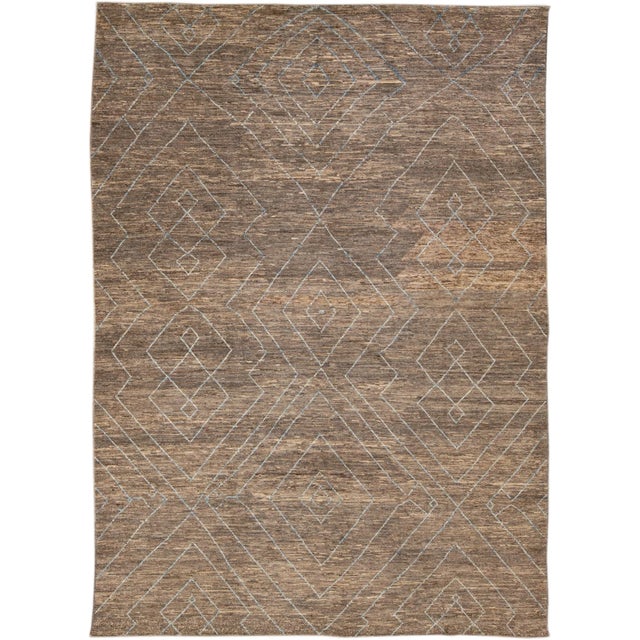 Brown Modern Moroccan Style Handmade Geometric Pattern Brown Wool Rug For Sale - Image 8 of 8