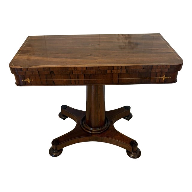 Antique Regency Rosewood and Brass Inlaid Card or Console Table with Fold Over Top, 1860s For Sale