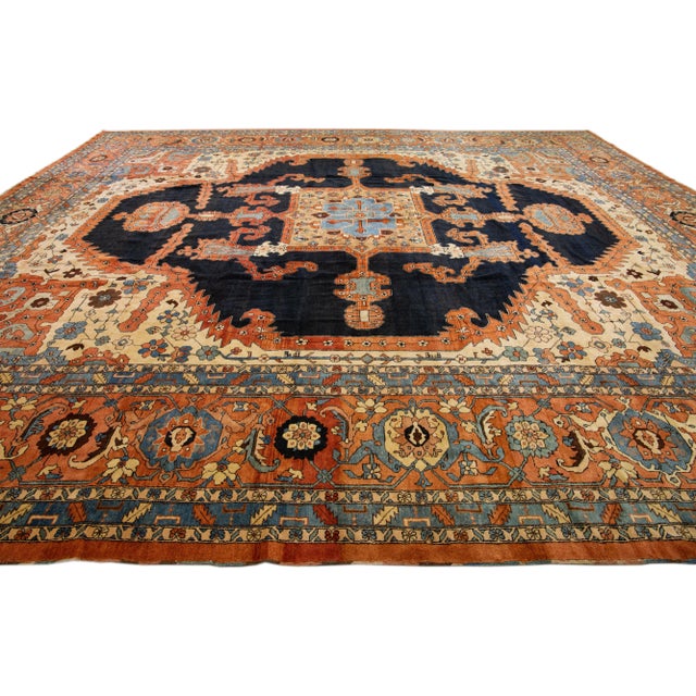 1920s 1920s Orange Antique Persian Serapi Handmade Wool Rug With Medallion Motif For Sale - Image 5 of 6