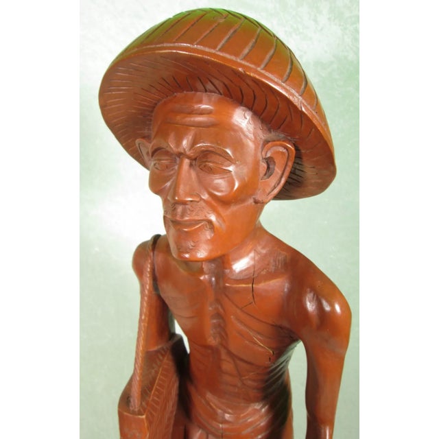 Mid 20th Century Carved Wooden Asian Fisherman Figurine Sculpture For Sale - Image 11 of 12