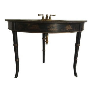 1940s Chinoiserie Black Bathroom Vanity With Brass Sink Faucet For Sale