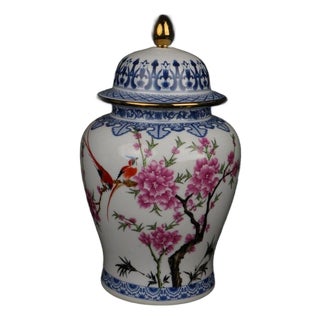 Chinoiser Blue White & Famille Rose Bird‑Peony Lidded General Ginger Jar For Sale
