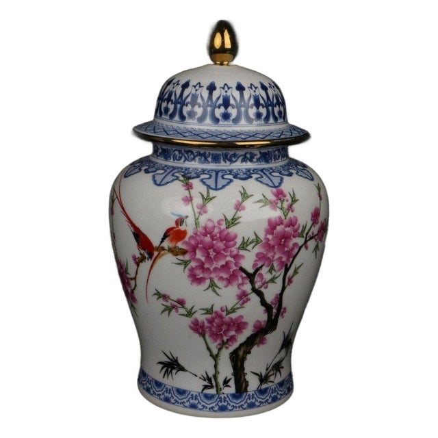 Chinoiser Blue White & Famille Rose Bird‑Peony Lidded General Ginger Jar For Sale