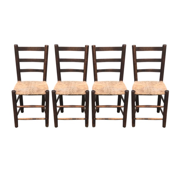 Rustic Chairs with Straw Seats, 1950, Set of 4 For Sale