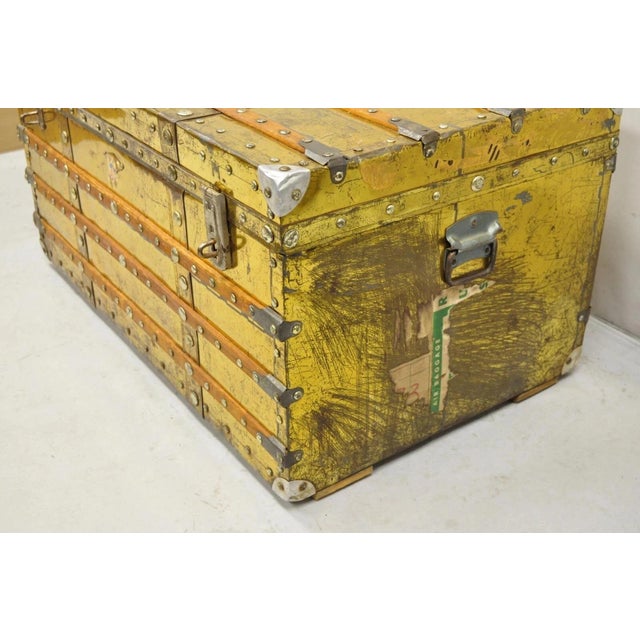 Brown Antique Victorian Brass Clad Wooden Band Train Trunk Storage Treasure Chest For Sale - Image 8 of 11