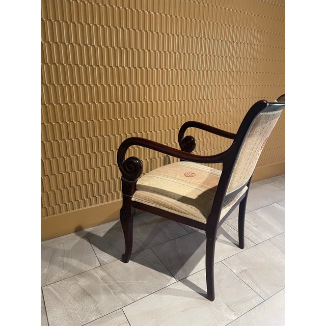 Modern Late 20th Century Empire Revival Faiteuil Carved Mahogany & Brocade Armchair For Sale - Image 3 of 11
