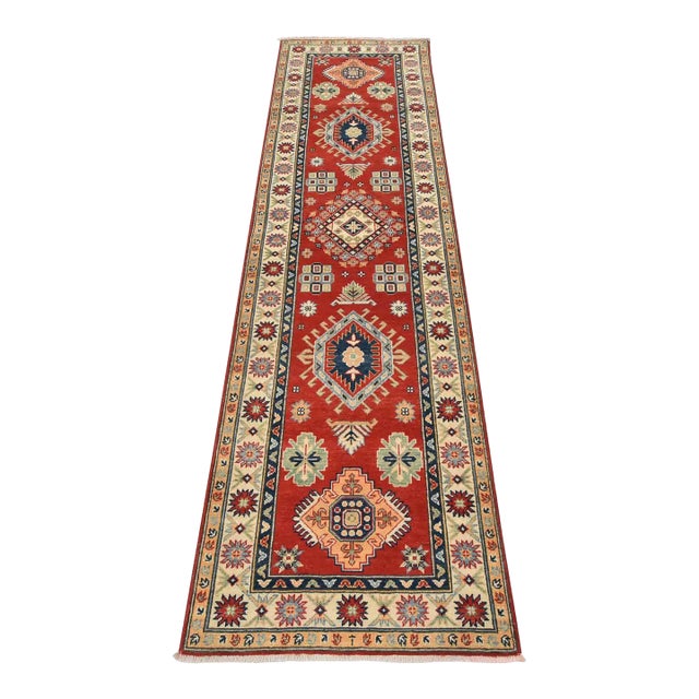 Kazak Runner 2’8” X 9’5” Red Wool Tribal Hand-Knotted Oriental Rug For Sale